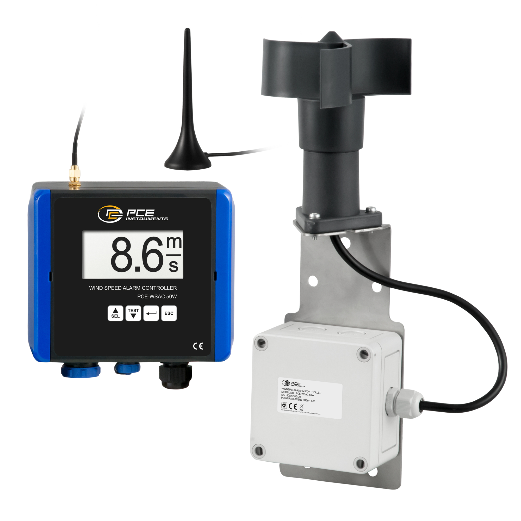 PCE Wireless Wind Speed Alarm Controller — 50W, Measures Wind Load, Model# PCE-WSAC 50W 230
